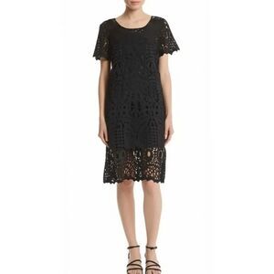 Polagram black crochet lace overlay short sleeve ruffle hem Knee Length dress S